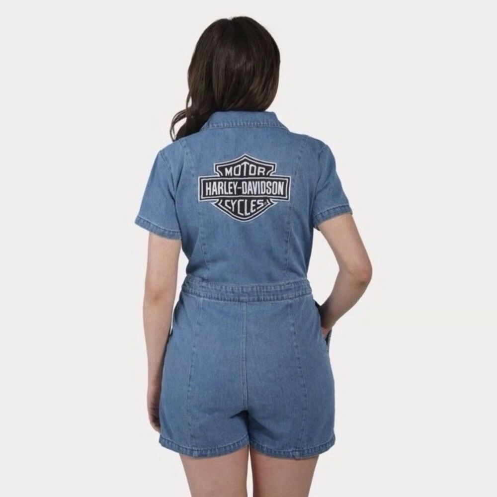 Harley Davidson Hero Denim Jumpsuit Romper Womens S Small Embroidered Blue Jean